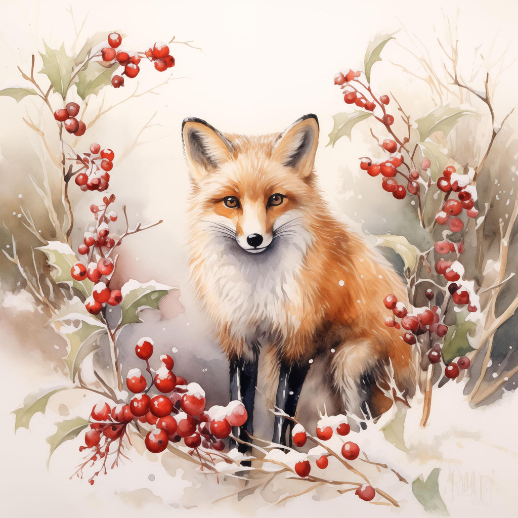 Christmas Fox in a Wreath of Red Berries