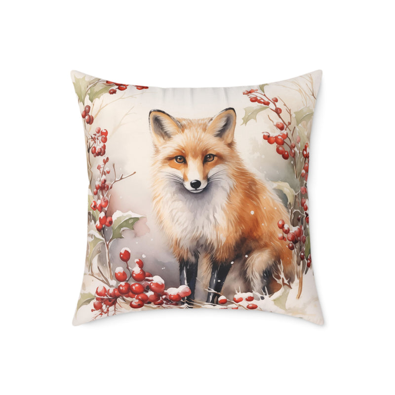 Christmas Fox in a Wreath of Red Berries - Throw Pillow