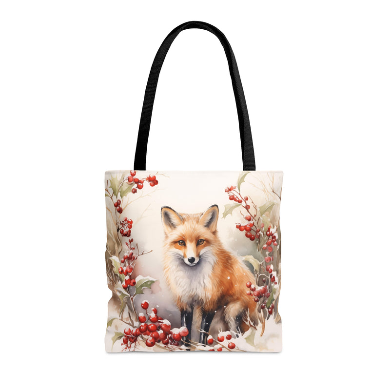Christmas Fox in a Wreath of Red Berries - Tote Bag