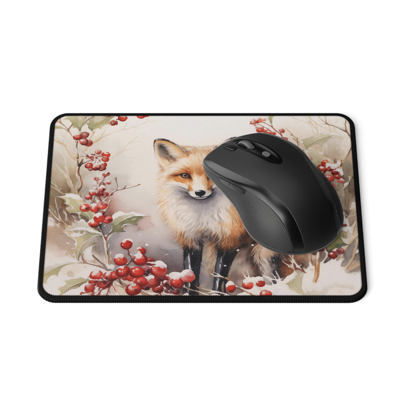Christmas Fox in a Wreath of Red Berries - Non-Slip Mouse Pad