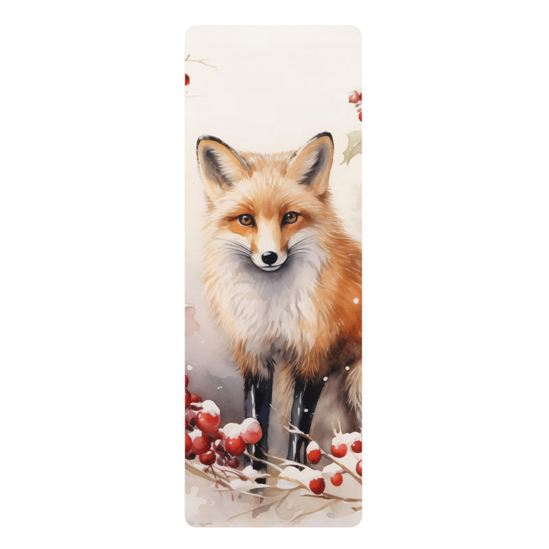 Christmas Fox in a Wreath of Red Berries - Yoga Mat